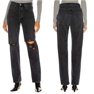 NWT AGOLDE Lana Mid Rise Vintage Straight Leg Jean Sz 32 Ripped Distressed Black